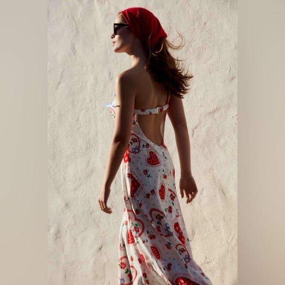For Love & Lemons Daisy Mae Heart Cherry Print Strapless Ruffle Midi Dress - Picture 3 of 12